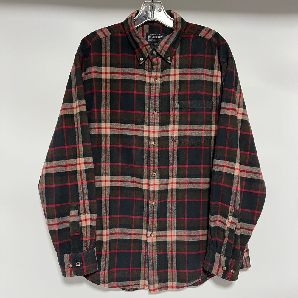 Pendleton Plaid Shirt Brown Red Button Up Long Sleeve Flannel Cotton Men’s Large